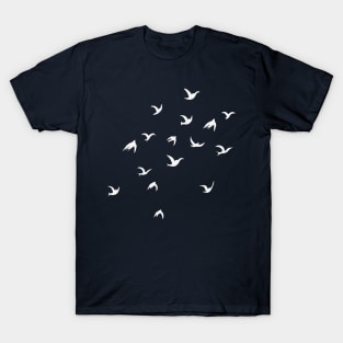 Flying Free Birds Silhouette In White T-Shirt